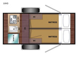 Compact RV rental floor plan showing interior layout: kitchenette with cooktop, sink, cooler, and two mattresses for sleeping.