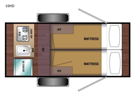 Compact RV rental floor plan showing interior layout: kitchenette with cooktop, sink, cooler, and two mattresses for sleeping.