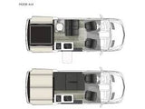Overhead RV rental floor plans display versatile camper van layouts: living/kitchen & sleeping configurations.