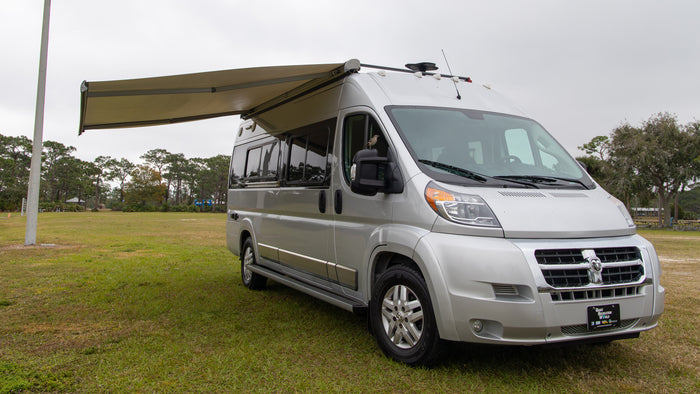Silver RV rental camper van parked in a grassy field with an extended awning. A bird is perched on its side mirror.
