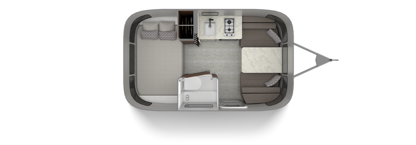 Explore a compact RV rental's interior floor plan, featuring a bed, kitchen, dining area, and bathroom.