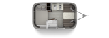 Explore a compact RV rental's interior floor plan, featuring a bed, kitchen, dining area, and bathroom.