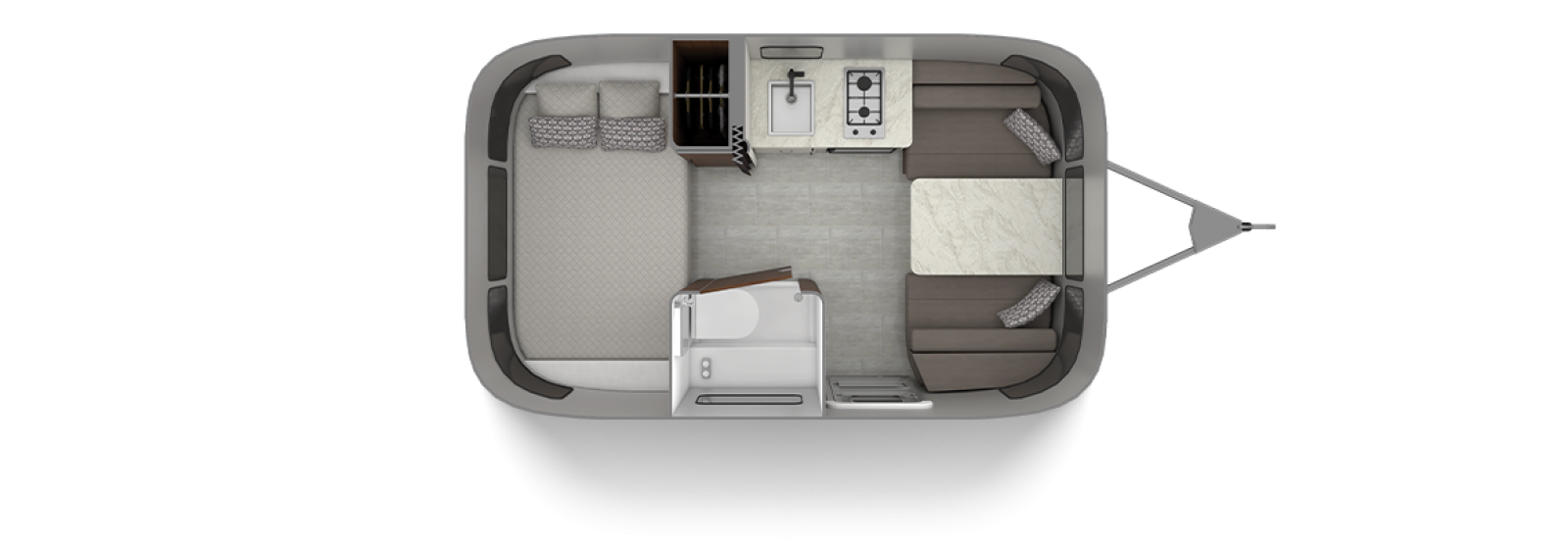 Explore a compact RV rental's interior floor plan, featuring a bed, kitchen, dining area, and bathroom.