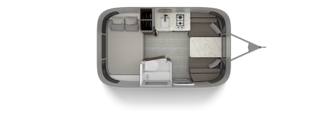 Explore a compact RV rental's interior floor plan, featuring a bed, kitchen, dining area, and bathroom.