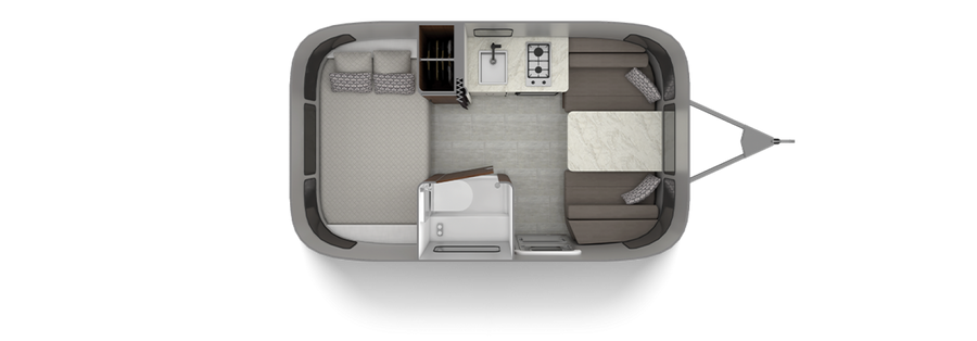 Explore a compact RV rental's interior floor plan, featuring a bed, kitchen, dining area, and bathroom.