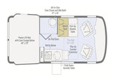 This RV rental floor plan shows a compact layout with a power lift bed, wet bath, kitchenette, and flexible dining/sleeping areas.