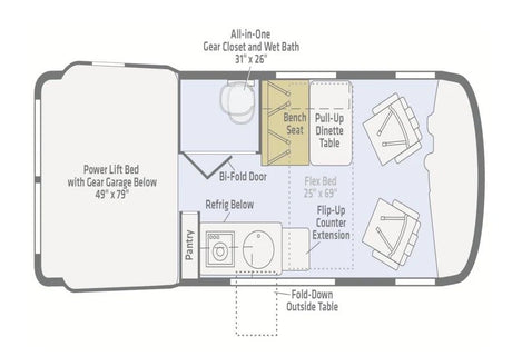 This RV rental floor plan shows a compact layout with a power lift bed, wet bath, kitchenette, and flexible dining/sleeping areas.