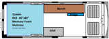This RV rental floor plan displays a spacious queen bed (60"x80"), a bench, sink, fridge, and storage. Ideal for travel.