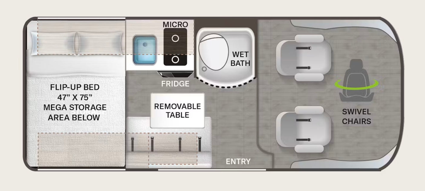 This RV rental floor plan shows a compact camper layout with a flip-up bed, kitchenette, wet bath, and front swivel chairs.