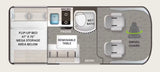 This RV rental floor plan shows a compact camper layout with a flip-up bed, kitchenette, wet bath, and front swivel chairs.