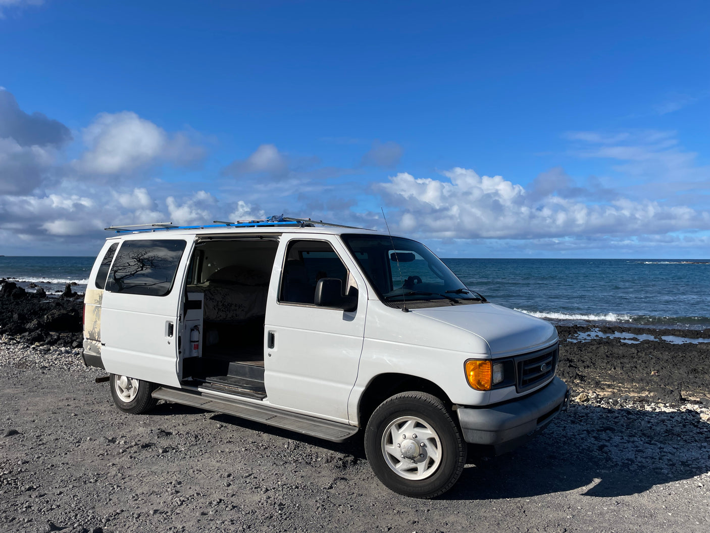 This white RV rental camper van is parked on a rocky shoreline next to the blue ocean under a partly cloudy sky.