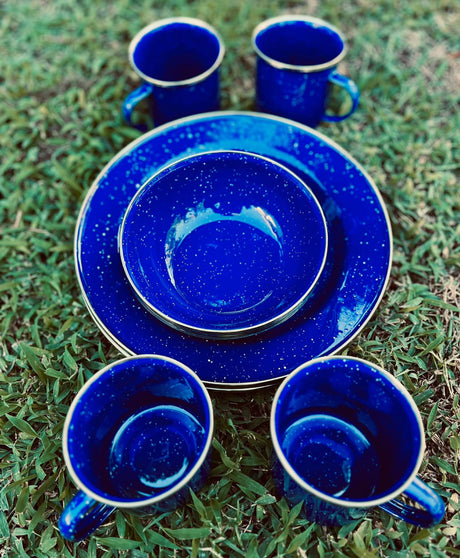 Blue speckled camping plates, bowls, and mugs on grass. Great for an RV rental getaway!