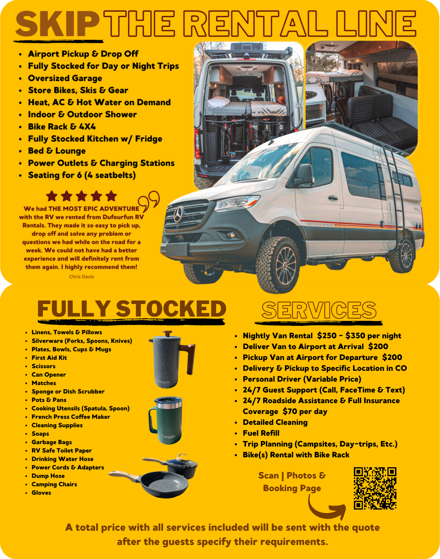 RV rental ad displays a modern van, listing features like a stocked kitchen and services including pickup and roadside assistance.