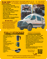 RV rental ad displays a modern van, listing features like a stocked kitchen and services including pickup and roadside assistance.