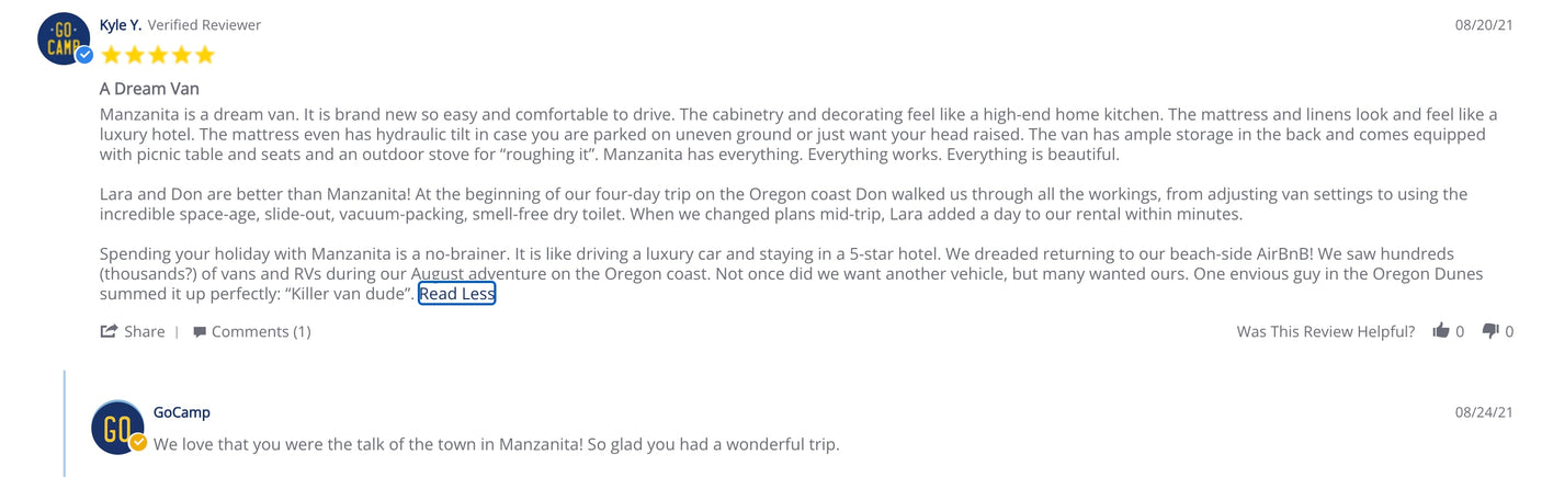 Kyle Y.'s glowing customer review for a GoCamp RV rental, praising the "Manzanita" van for a dream trip.