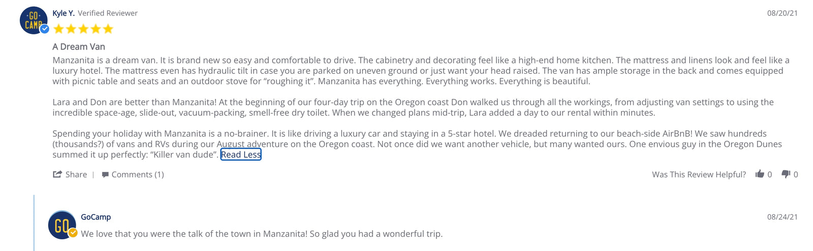 Kyle Y.'s glowing customer review for a GoCamp RV rental, praising the "Manzanita" van for a dream trip.