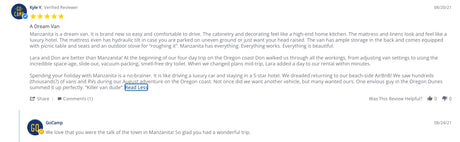 Kyle Y.'s glowing customer review for a GoCamp RV rental, praising the "Manzanita" van for a dream trip.