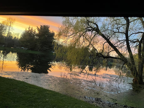 Golden sunset over a tranquil lake, trees reflecting softly, with an RV rental parked on the distant shore.