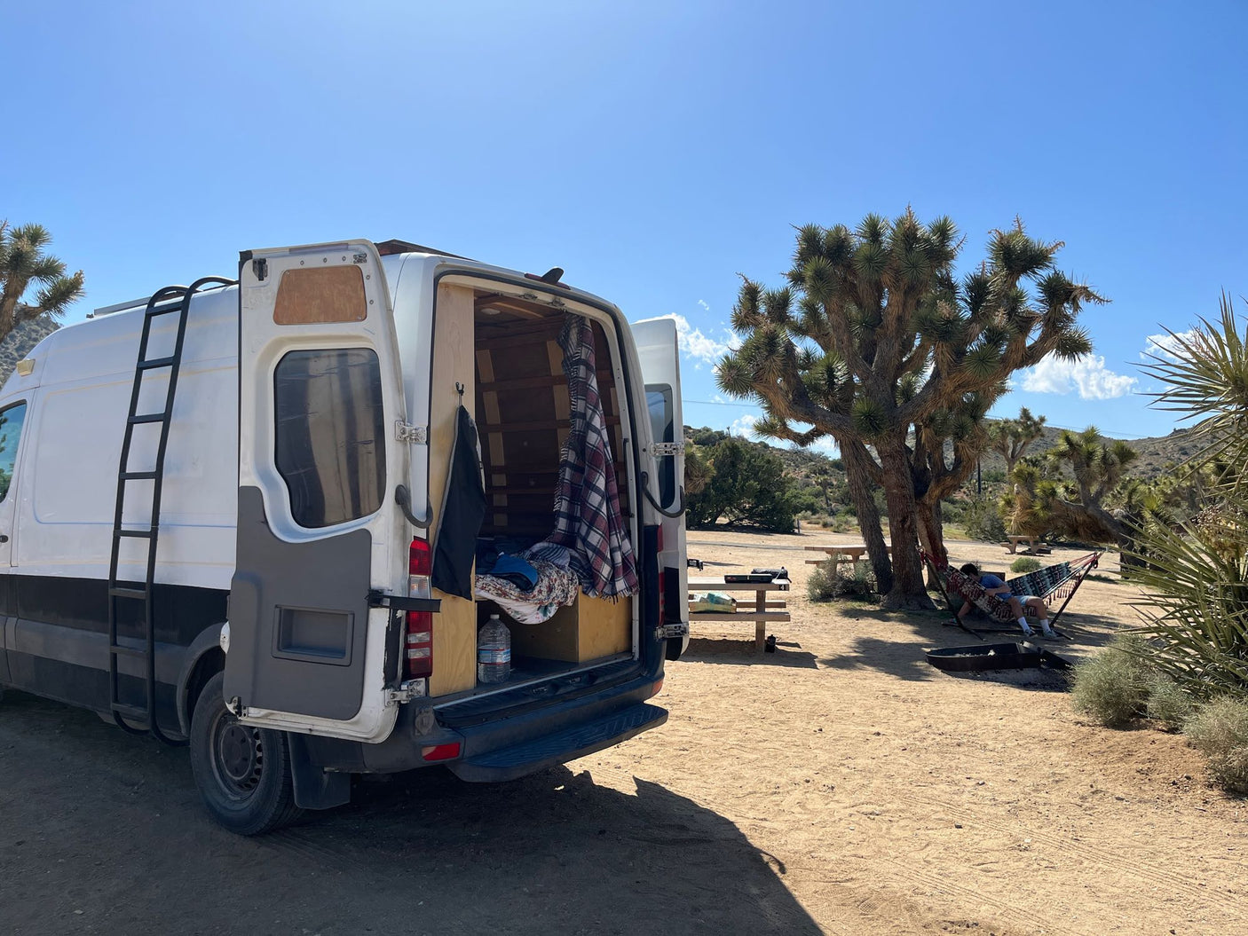 An RV rental camper van with open doors at a desert campsite. A person relaxes in a hammock near Joshua trees under a clear sky.