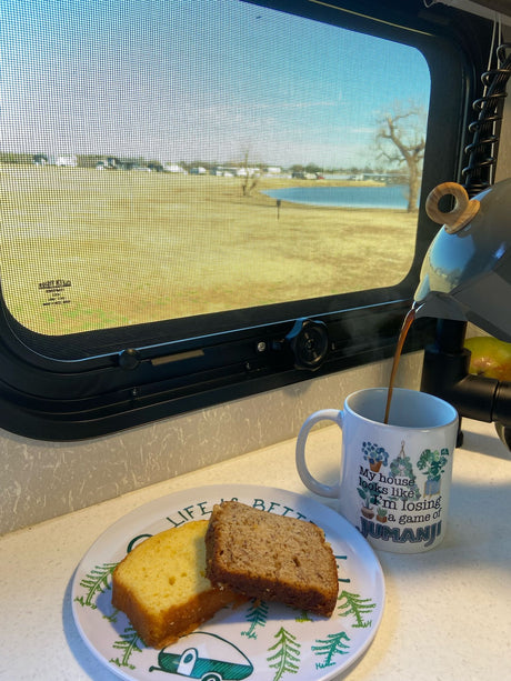 Coffee & cake breakfast inside an RV rental. Scenic lake view with distant RVs seen through the window screen.