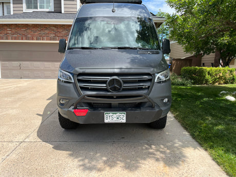 This dusty gray Mercedes Sprinter Storyteller Overland camper van makes a perfect **rv rental** for your next adventure. CO plate BYS-W52.