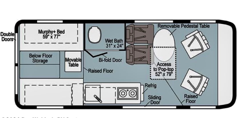 RV rental floor plan: Compact camper van layout with bed, wet bath, kitchen, seating, and pop-top access.