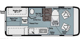 RV rental floor plan: Compact camper van layout with bed, wet bath, kitchen, seating, and pop-top access.