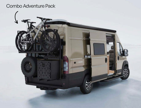 This Doovo RV rental features a Combo Adventure Pack: a bike rack with two bikes, a spare tire, and a storage box.