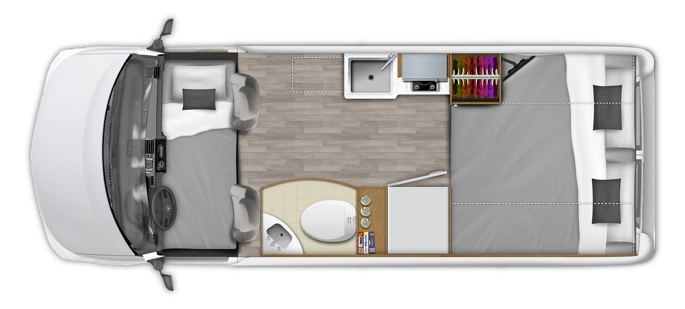 This detailed RV rental floor plan shows the driver's cab, front bed, galley kitchen, bathroom, and rear sleeping area.