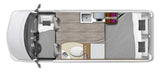 This detailed RV rental floor plan shows the driver's cab, front bed, galley kitchen, bathroom, and rear sleeping area.