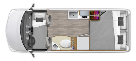 This detailed RV rental floor plan shows the driver's cab, front bed, galley kitchen, bathroom, and rear sleeping area.