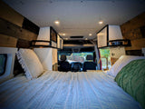Experience a comfortable rv rental: a cozy camper van interior featuring a bed, wood accents, & kitchen.