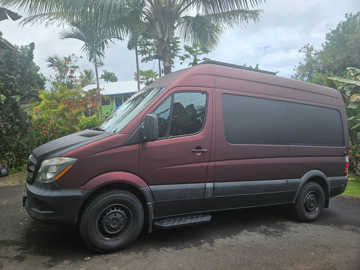 Burgundy Mercedes Sprinter camper van in a lush setting, ideal for an RV rental adventure.
