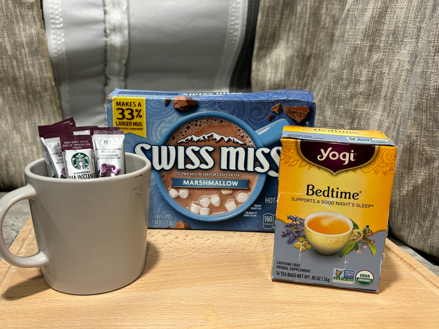 Instant coffee, hot cocoa, and bedtime tea; cozy comfort essentials for your RV rental journey.
