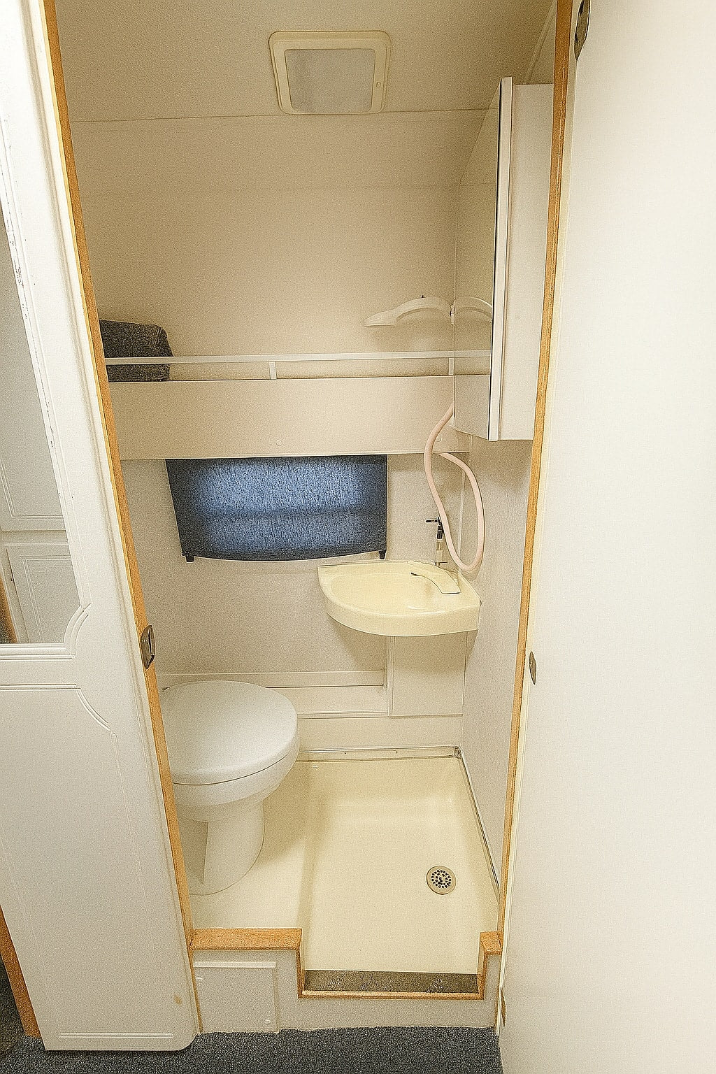 RV rental: Compact onboard bathroom with toilet, small sink/shower combo, and ceiling light. Efficient use of space. — photo 6