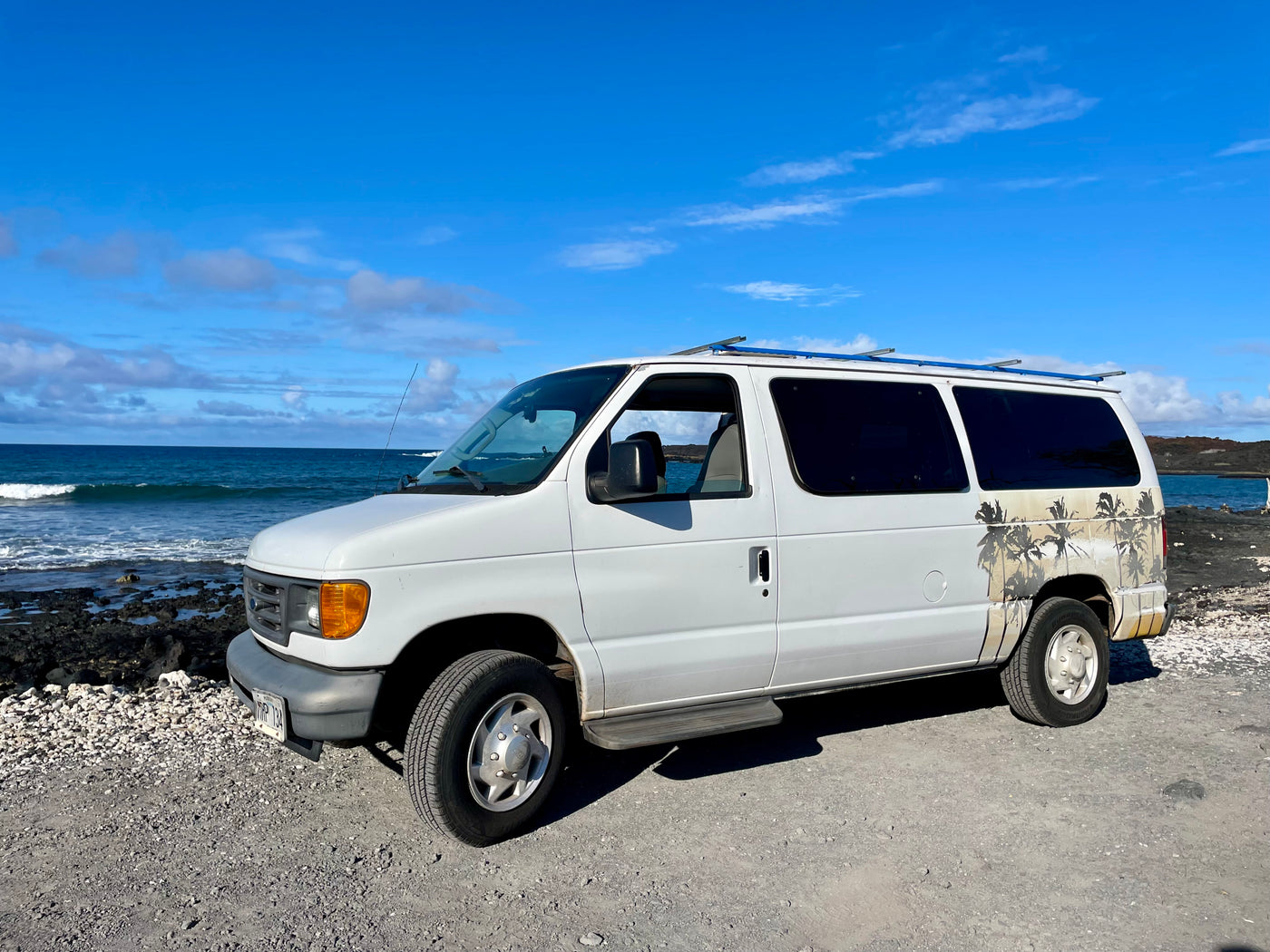 A white Ford van with palm decals parked on a rocky Hawaiian coast by the blue ocean. Ideal RV rental for exploring!