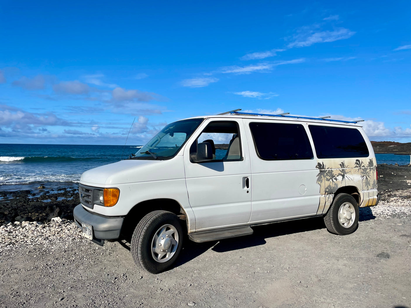 A white Ford van with palm decals parked on a rocky Hawaiian coast by the blue ocean. Ideal RV rental for exploring!