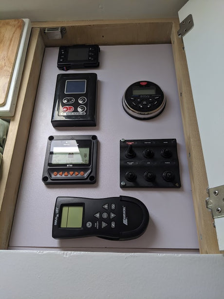 RV rental control station: Panels for water heater, solar, audio, essential switches (pump, fridge), and an AC/fan remote.