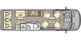 RV rental floor plan. Top-down view of an RV interior, showing the sofa, chairs, kitchen, wet bath, and tables.