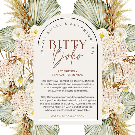 Promotional graphic for Bitty Boho, a pet-friendly mini camper RV rental for cozy travel adventures. Accommodates 2 with amenities.