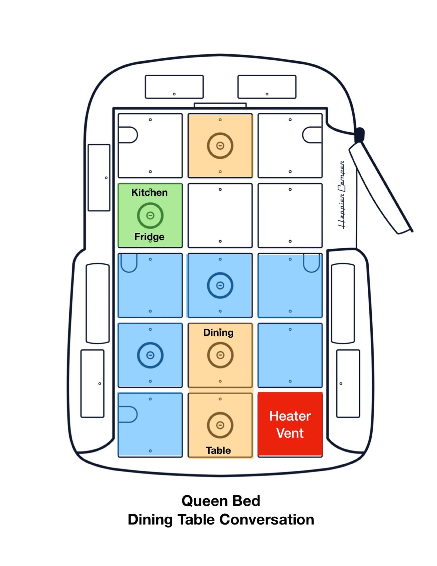 Modular RV rental floor plan: kitchen, fridge, dining, table, heater, and a convertible queen bed setup. — photo 19