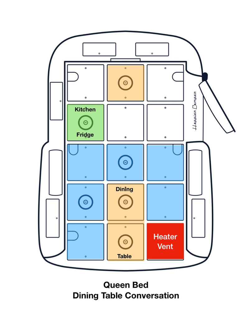 Modular RV rental floor plan: kitchen, fridge, dining, table, heater, and a convertible queen bed setup. — photo 19