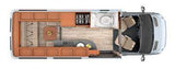 Overhead RV rental floor plan: compact camper van interior with rear bed, kitchen, bath, & cockpit. Great for travel.