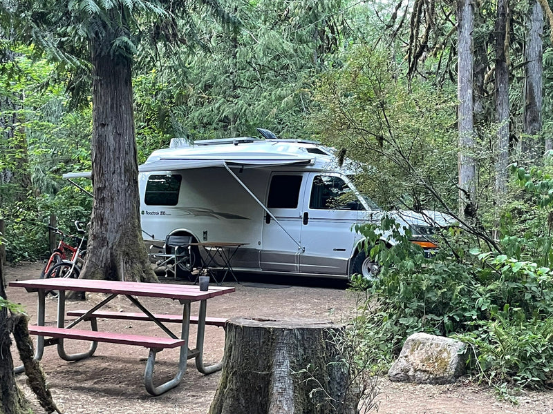  next to a Roadtrek van.|Roadtrek RV rental parked at a forest campsite with awning — photo 11