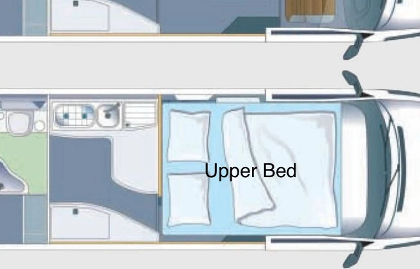 RV rental floor plan shows motorhome interior: kitchen, bathroom, and upper bed layout for a comfortable trip. — photo 18