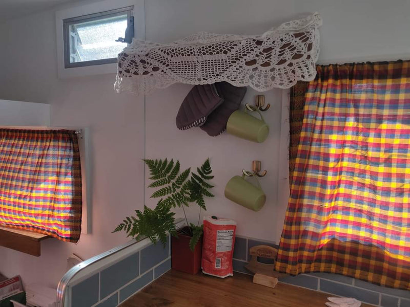 Bright, functional RV rental interior with cheerful plaid curtains, hanging mugs, and a small plant for a cozy feel. — photo 10