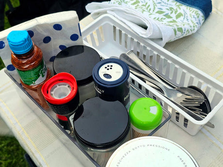 RV rental portable kitchen organizer with salt, Tajín, spices, napkins, and cutlery for convenient travel cooking.