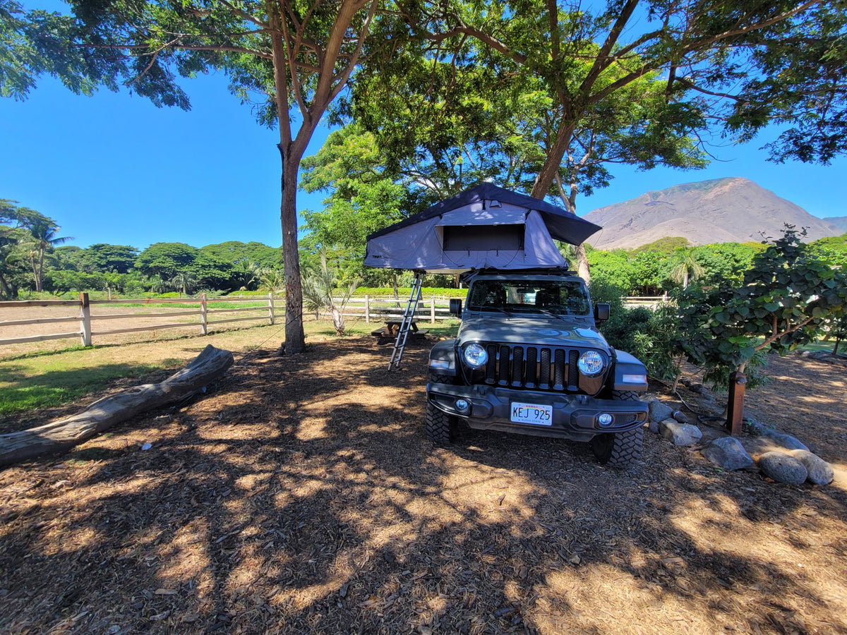 Green Jeep Wrangler with rooftop tent (an RV rental setup) under shade trees, facing a mountain with a fenced field nearby. — photo 4