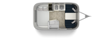 Overhead floor plan of a compact RV rental, showing the interior layout with a bed, kitchen, dinette, and small bathroom.
