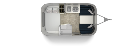 Overhead floor plan of a compact RV rental, showing the interior layout with a bed, kitchen, dinette, and small bathroom.